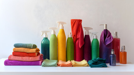 of colorful cleaning cloths and sprays on a clean white surface, ideal for a promotional product display 