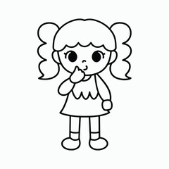 Cute Cartoon Little Girl with Pigtails – Black and White Line Drawing, Coloring Book Page Vector art illustration