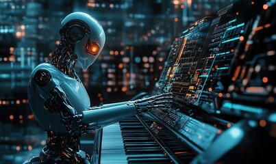 Photo of an AI robot playing the piano in an advanced music studio, surrounded by digital musical notes