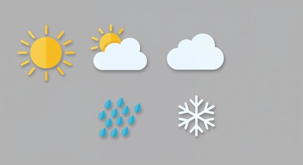Weather icons representing sunny, rainy, and snowy conditions on a gray background