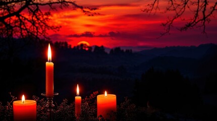 Nature's Tranquility at Sunset: Candle Silhouette and Warm Dusk Light for a Romantic Outdoor Ambiance