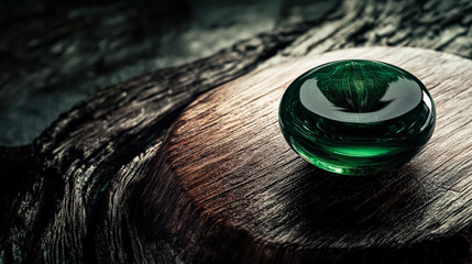 Fototapeta premium Green stone sits on a wooden surface