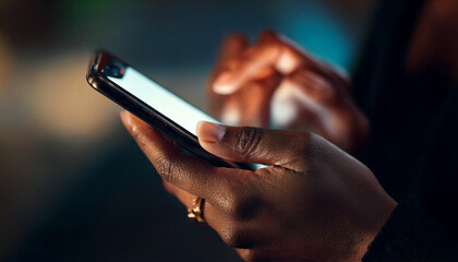 Close-up of hand using smartphone at night, woman texting on blue screen, bokeh city lights in background, concept of digital lifestyle and communication