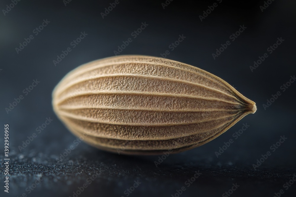 Poster unique close-up of a brown seed showcasing its distinct ribbed texture against a dark background