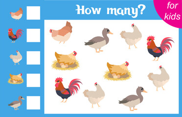 Counting game for children. Chicken, rooster, hen and duck. Farm. How many animals are there in the picture.  Calculation for children. Worksheet for preschoolers. Printable.