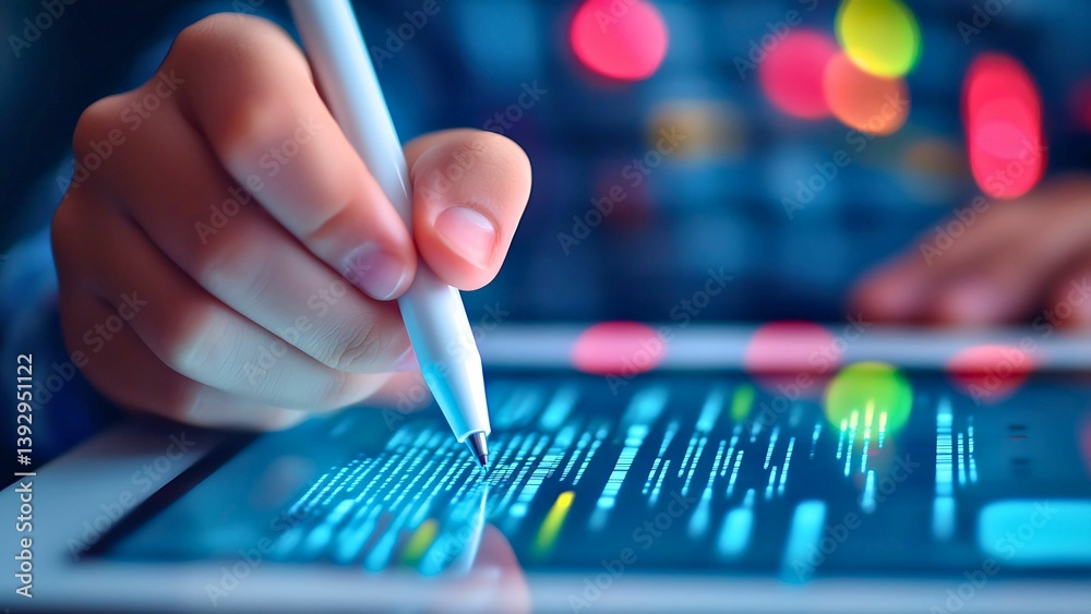 Poster a person uses a stylus to interact with a tablet in a dimly lit environment, coding or creating grap