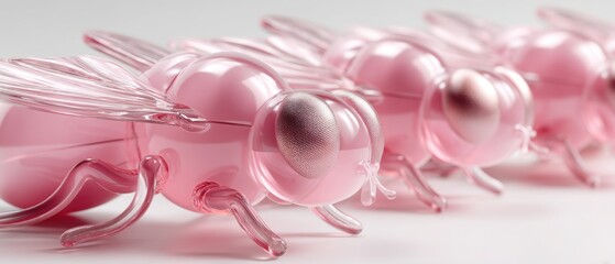 Pink glass flies in a row, macro studio shot of decorative insect figurines with transparent wings and detailed eyes, concept of fragility and artificial nature