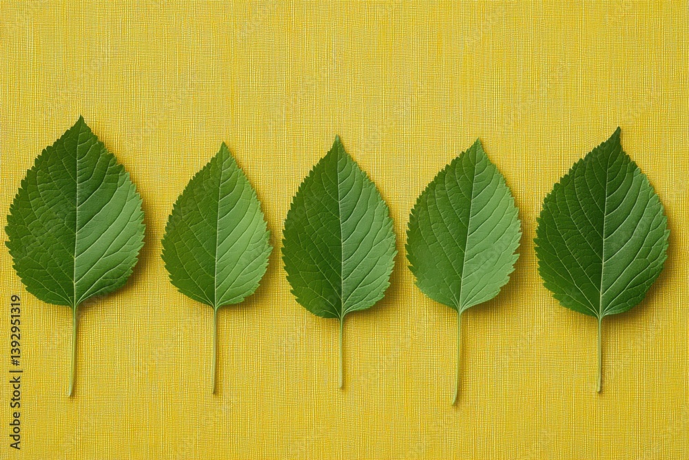 Aufkleber arrangement of green leaves on a bright yellow background creating a vibrant natural display