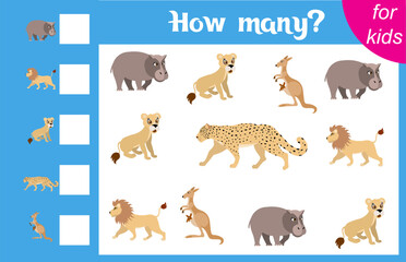 Counting game for children. Hippopotamus, lion, kangaroo, leopard and lion cub. Zoo. How many animals are there in the picture.  Calculation for children. Worksheet for preschoolers. Printable.