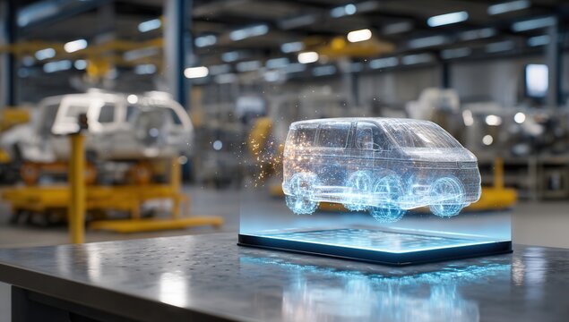 Futuristic van hologram in a modern industrial setting. - Powered by Adobe