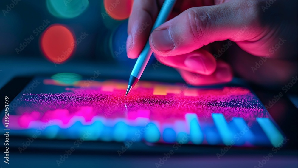 Poster a hand uses a digital pen to interact with a tablet displaying complex data and graphs, which can il
