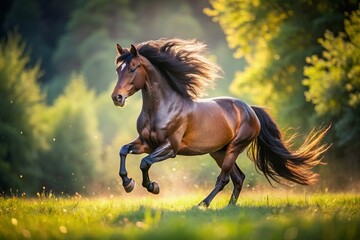 Fototapeta premium A Majestic Dark Buckskin Stallion Gallops in Slow Motion Capturing the Essence of Untamed Power and Grace