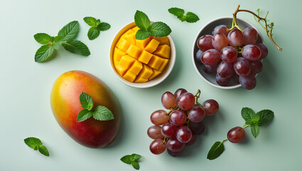 Fresh Mango Chunks Grapes And Mint Leaves On Light Green Background Overhead