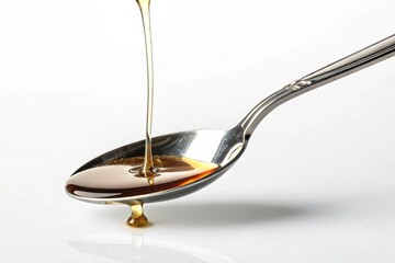 A stainless steel spoon with liquid drizzle pristine white studio high-quality photography minimalist environment close-up view artistic concept