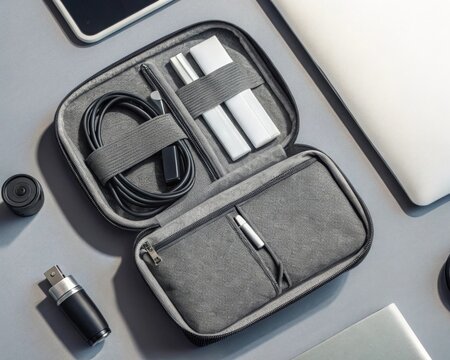 Tech organizer pouch opened with cables and gadgets inside studio shot gray color neutral environment close-up view modern design for efficient tech storage
