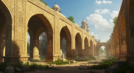 Walking Through Ancient Stone Arches and Ruins Under a Bright Sky