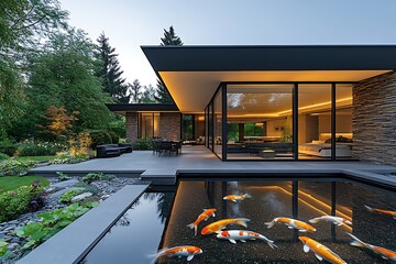 Modern architectural home with water features and outdoor relaxation spaces