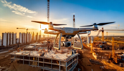 Naklejka premium Drone flying over construction site for land survey and building inspection – UAV technology in civil engineering project