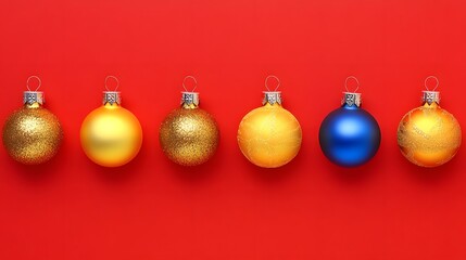 Six Shiny Christmas Ornaments Red Background Festive Decor