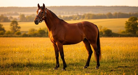 Horse Standing Calmly in a Field at Sunset with Gentle Light