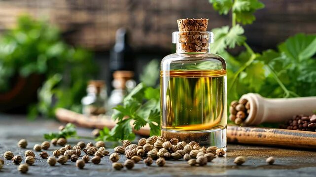 coriander essential oil. Selective focus