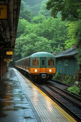 Naklejka premium Rainy train station platform, Japan