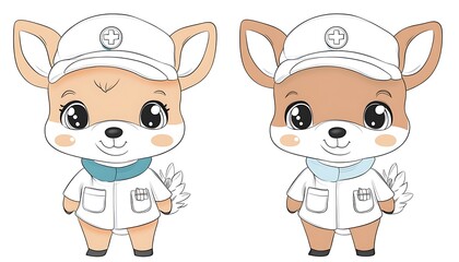 Adorable cartoon deer wearing white uniforms and medical hats