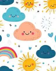 Colorful sunny cloud pattern with cheerful elements.