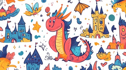 Fototapeta premium Colorful dragon and whimsical castle patterns.