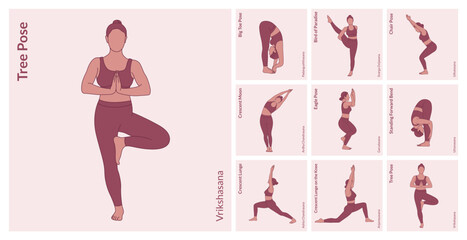 Yoga Workout Set. Young woman practicing Yoga poses. Woman workout fitness, aerobic and exercises.