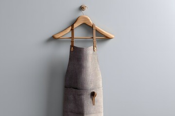 a grey apron hanging on a wooden hanger against a gray wall, showcasing simplicity and functionality. This image focuses on the apron's design and the minimalist aesthetic.