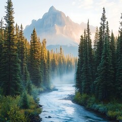 A flowing river winds through a dense forest towards the mountains