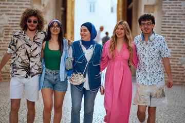 Fototapeta premium Multicultural Teenagers Embracing the Joy of Exploring a Coastal Tourist City on a Sunny Day.
