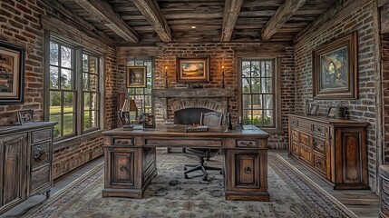Rustic Wooden Desk In Brick Office Room