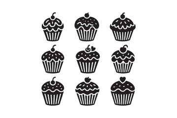 Cupcake Silhouette Vector Icons Set Black and White Bakery Design Elements