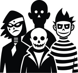 Four villainous figures in a black and white graphic design.