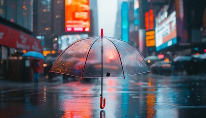 A transparent umbrella under rainfall amidst urban lights and reflections