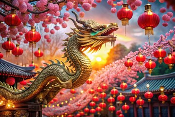Obraz premium A Majestic Dragon Soaring Above a Sea of Red Lanterns and Cherry Blossoms A Stunning Visual Symphony of
