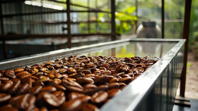 A large transparent glass tank filled with warm water in which cocoa beans float. The water is slightly cloudy to reflect the cleaning process.