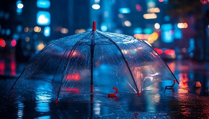 A clear umbrella sits in the rain on a city street