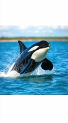 Fototapeta premium Orca leaping, ocean, coastal background, wildlife