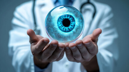 Human eye anatomy hologram on doctor hands. Awareness of eye diseases include age-related macular degeneration, cataract, diabetic retinopathy, and glaucoma. Digital vision eye care concept.