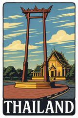 A retro-style travel poster illustration of Thailand, featuring the iconic Giant Swing (Sao Chingcha) in front of a traditional temple.