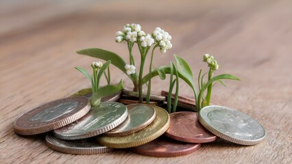 Here's a brief description of the image, formatted for alternative text: Coins and flowers suggest growth and prosperity in financial contexts. The arrangement has small white blooms and various inter