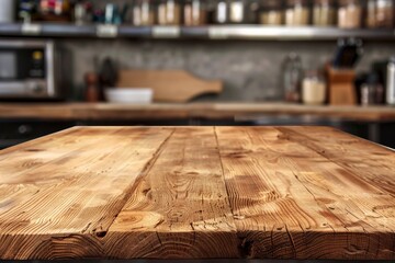 Fototapeta premium Empty wooden table with supermarket background for product display