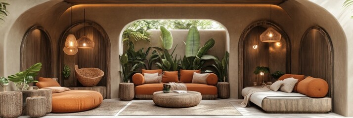 Tranquil terracotta outdoor lounge area with archways