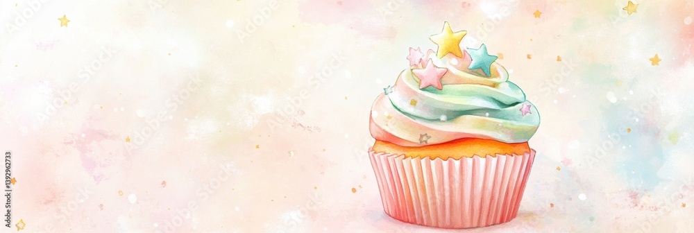 Poster delicious cupcake topped with pastel colors and stars set against a soft paper texture background
