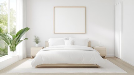 Fototapeta premium Minimalist bedroom design with a large blank canvas. Simple, modern, and bright. Natural light fills the room, showcasing a comfortable bed, bedside tables and a plant