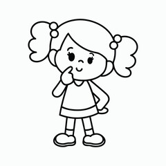 Obraz premium Cute Cartoon Girl with Pigtails – Black and White Line Drawing, Coloring Book Page.