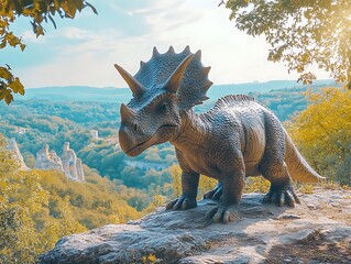 A large triceratops dinosaur sculpture overlooks a lush green valley setting
